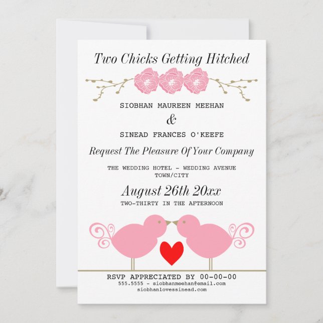 Two Chicks Getting Hitched Lesbian Wedding Invitation (Front)