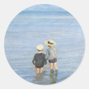 Two children paddling at Skagen Beach, PS Kroyer Classic Round Sticker