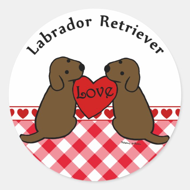 Two Chocolate Labradors with Love Cartoon Classic Round Sticker (Front)