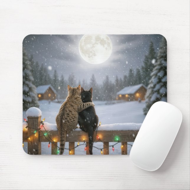 Two Christmas Cats Snuggling on a Snowy Fence Mouse Pad (With Mouse)
