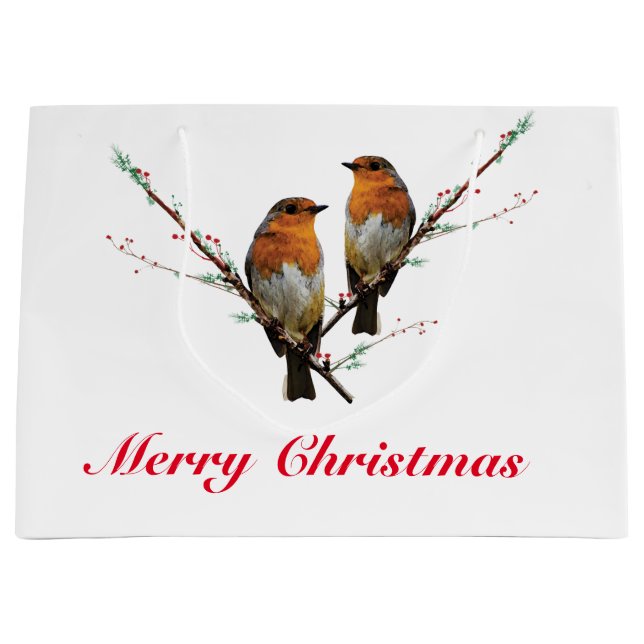 Two Christmas Robins Large Gift Bag (Front)