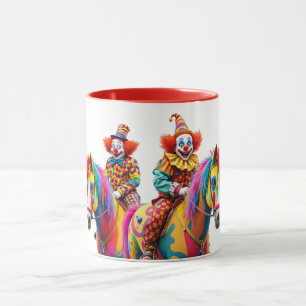 Two clowns on horseback, a festival of laughter. mug