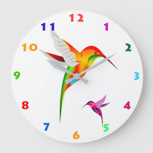 TWO COLORFUL HUMMINGBIRDS ILLUSTRATION LARGE CLOCK