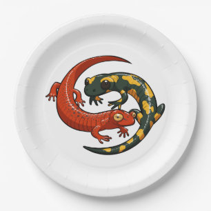 Two Colorful Smiling Salamanders Entwined Cartoon Paper Plate