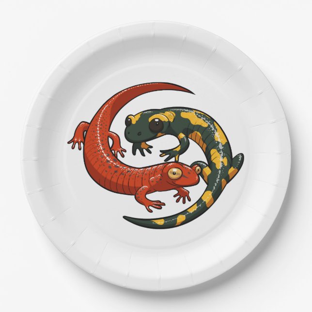 Two Colorful Smiling Salamanders Entwined Cartoon Paper Plate (Front)