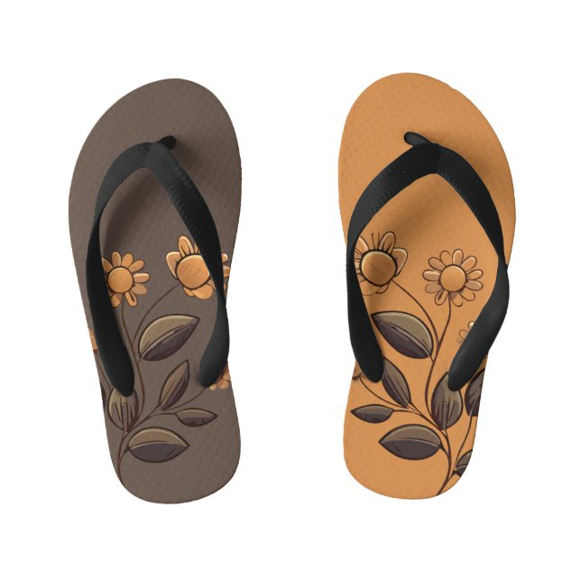 Two Colour Golden Flowers Kid's Flip Flops (Footbed)