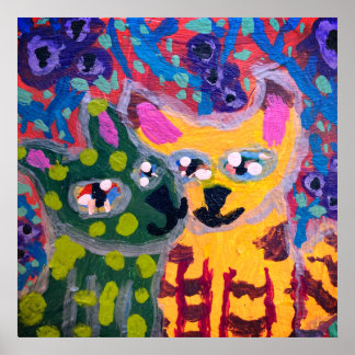 two colourful cats kissing in front of flowers poster