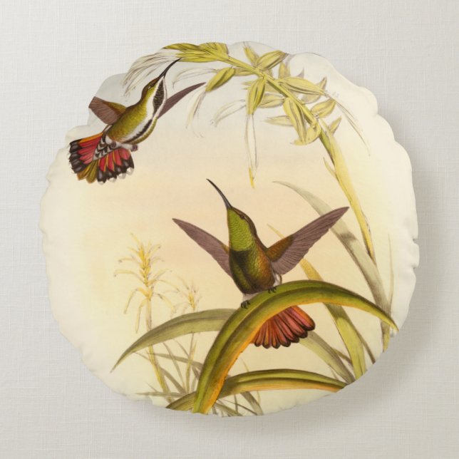 Two Colourful Hummingbirds Aiming for Same Flower Round Pillow (Front)