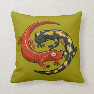 Two Colourful Smiling Salamanders Entwined Cartoon Throw Pillow