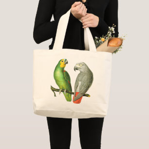 Two Colourful Vintage Parrots on Large Tote Bag