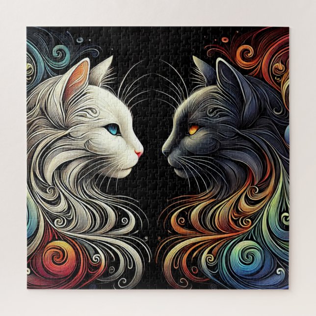 Two Contrasting Cat Faces with Vibrant Swirls Jigsaw Puzzle (Vertical)