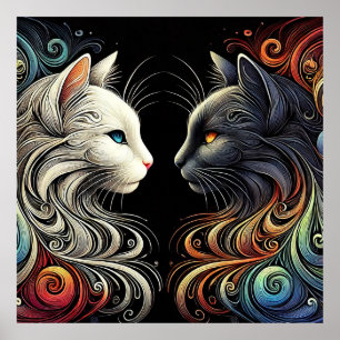 Two Contrasting Cat Faces with Vibrant Swirls Poster