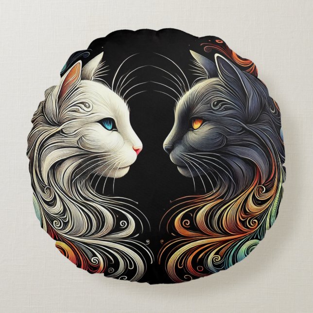 Two Contrasting Cat Faces with Vibrant Swirls Round Pillow (Front)