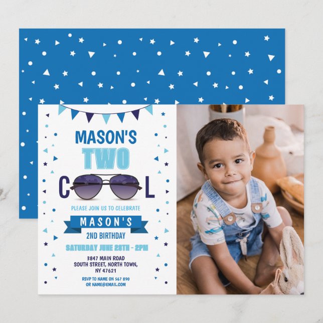 Two Cool Birthday Sunglasses Summer Boys Photo Invitation (Front/Back)