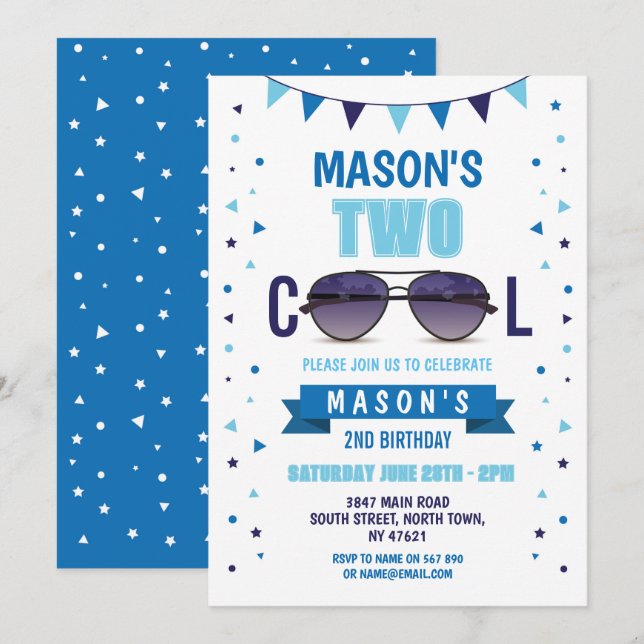Two Cool Birthday Sunglasses Summer Boys Shades Invitation (Front/Back)