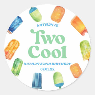 Two Cool Blue Retro Popsicle 2nd Birthday Party Classic Round Sticker