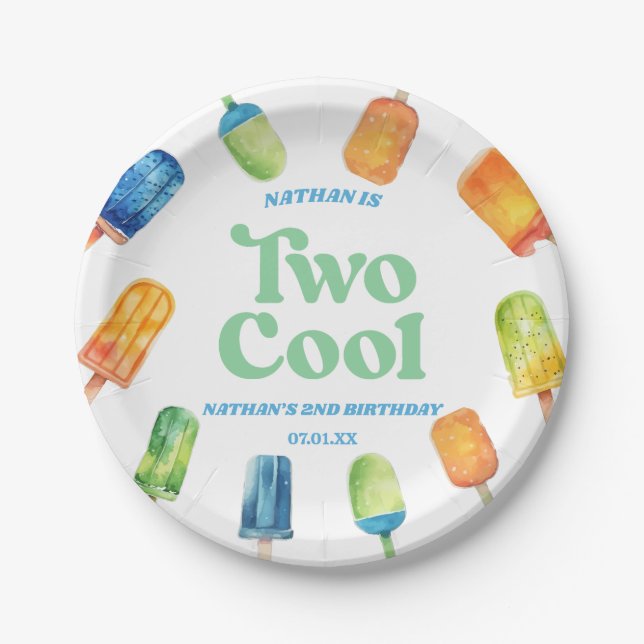 Two Cool Blue Retro Popsicle 2nd Birthday Party Paper Plate (Front)