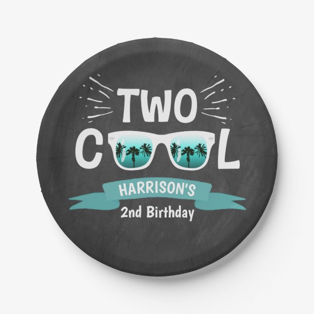 Two Cool Boys Chalkboard 2nd Birthday Paper Plate (Front)