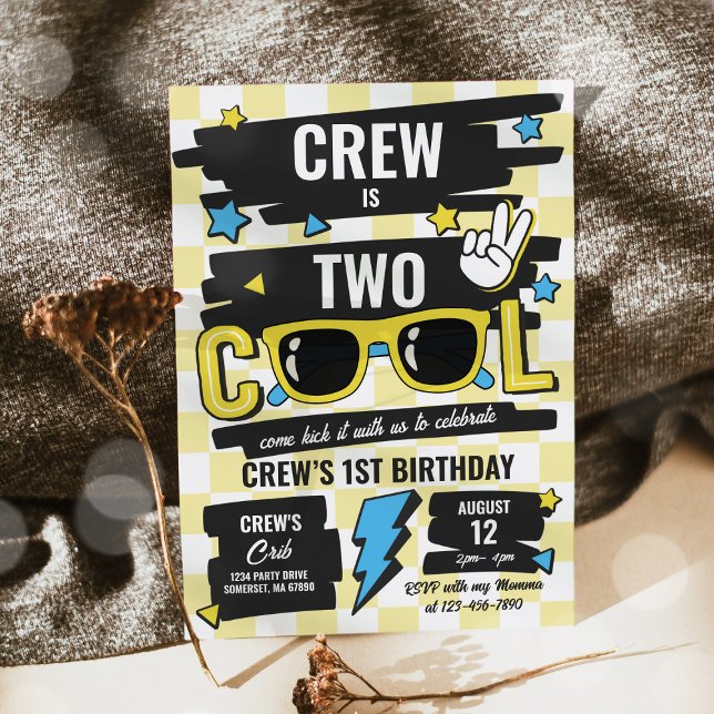Two Cool Chequered Sunglasses 2nd Birthday Party Invitation (Creator Uploaded)