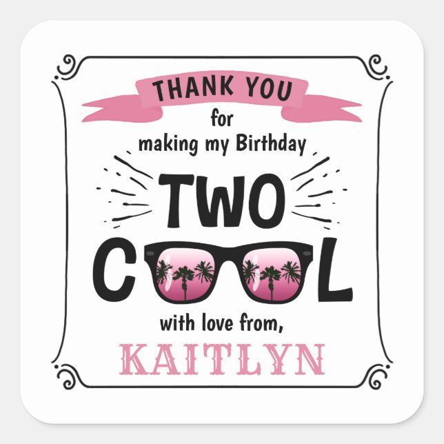 Two Cool Girls 2nd Birthday Party Favour Square Sticker (Front)