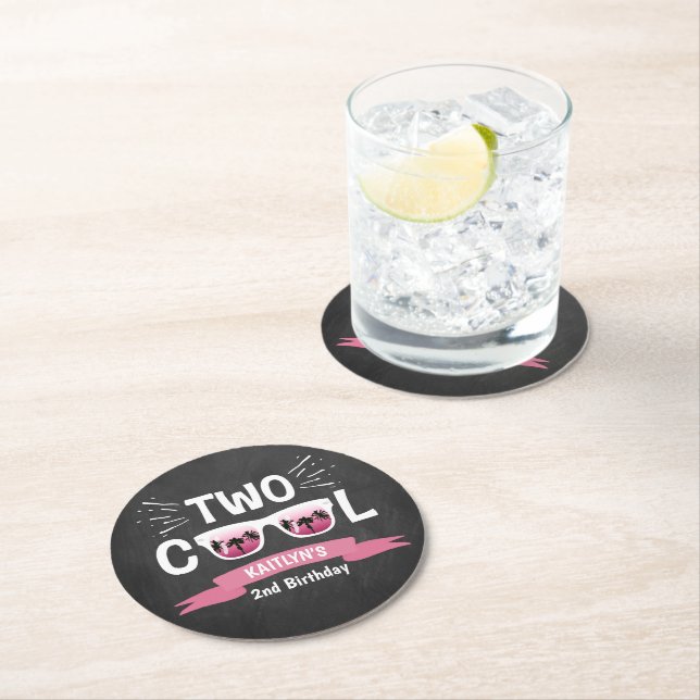 Two Cool Girls Chalkboard 2nd Birthday Round Paper Coaster (Insitu)