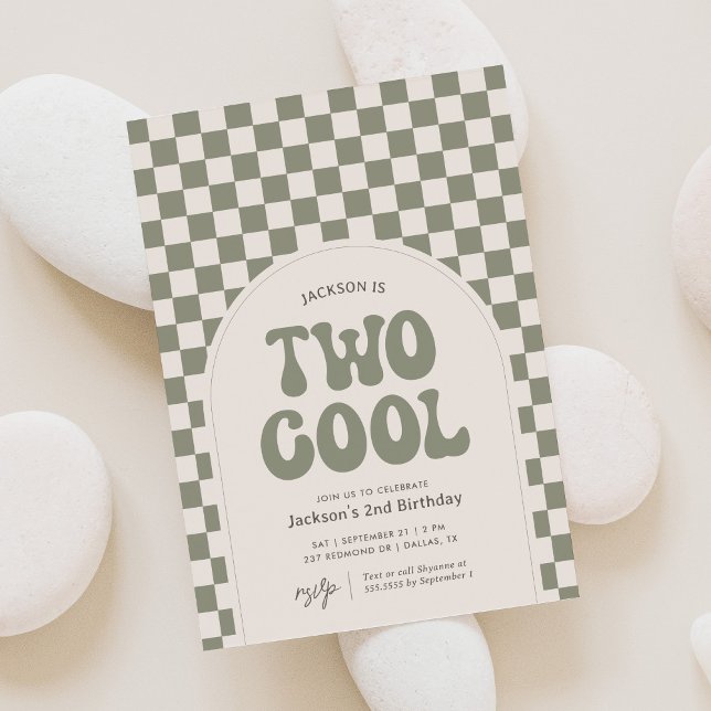 Two Cool Green Retro Chequered 2nd Birthday Invitation (Creator Uploaded)