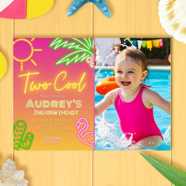 Two Cool Neon Pool Party Invitation with Photo (Two Cool Neon Pool Party Landscape Invitation with Photo Picture
)