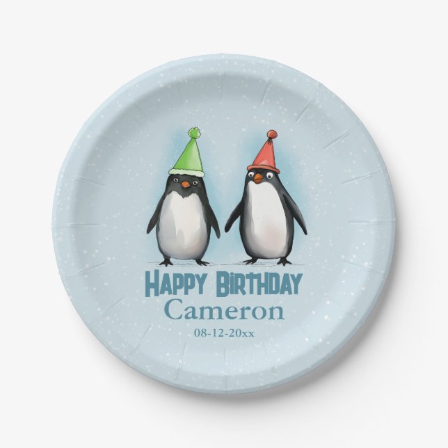 Two Cool Penguins celebrate kid's birthday Paper Plate (Front)