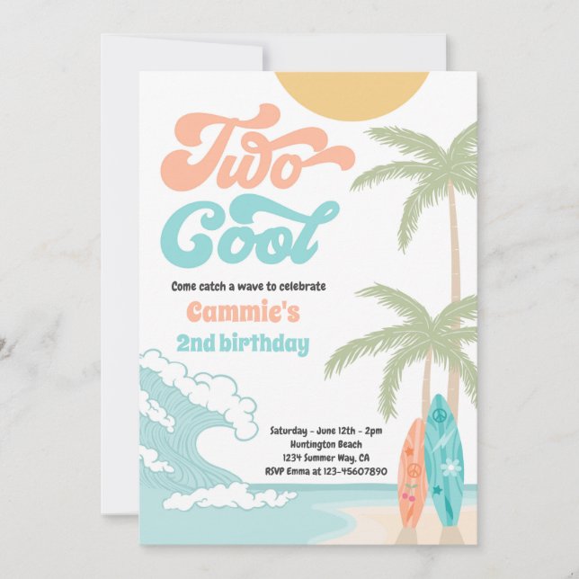 Two Cool Retro Surfboard Beach 2nd Birthday Party Invitation (Front)