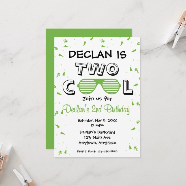 TWO Cool Sunglass 2nd Birthday Party Invitation (Front/Back In Situ)