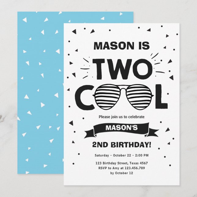 Two Cool Sunglasses Boy Second Birthday Party Invitation (Front/Back)