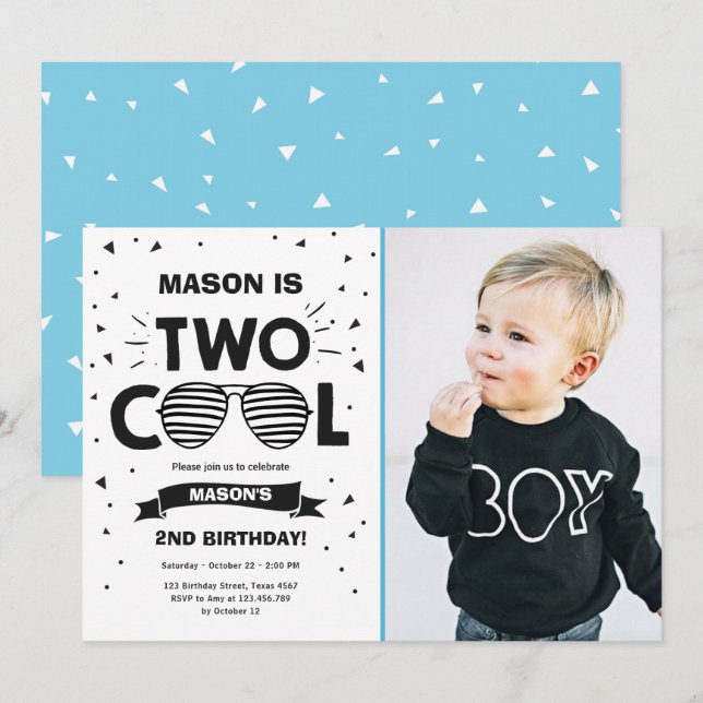 Two Cool Sunglasses Boy Second Birthday Party Invitation (Front/Back)