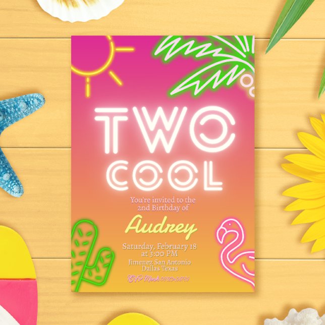 Two Cool Tropical Pink Neon Pool Party Invitation (Two Cool Tropical Pink Neon Pool Party Invitation)
