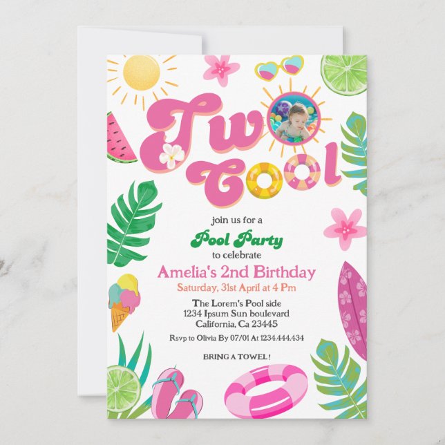 Two cool tropical pool summer 2nd Birthday Invitation (Front)
