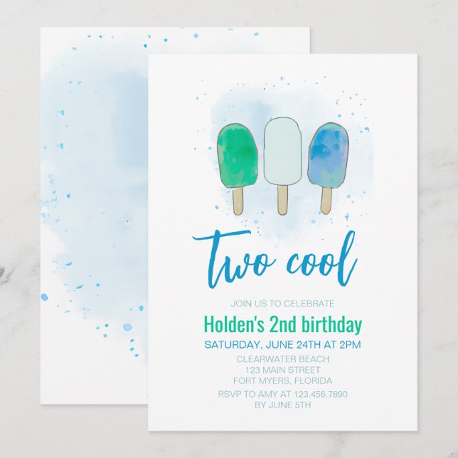 Two Cool Watercolor Popsicle Boy Birthday Invitation (Front/Back)