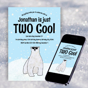 Two Cool Winter Polar Bear Snow 2nd Birthday Invitation