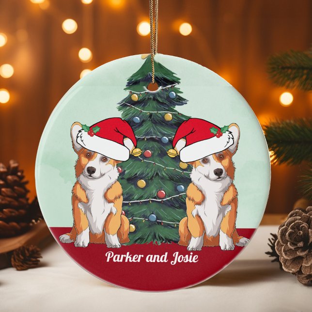 Two Corgis in Santa Hat Cute Custom Christmas Ceramic Ornament (Creator Uploaded)