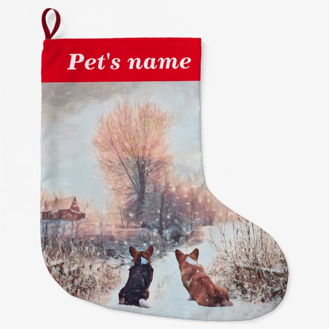 Two Corgis in the Snow Large Christmas Stocking (Front)