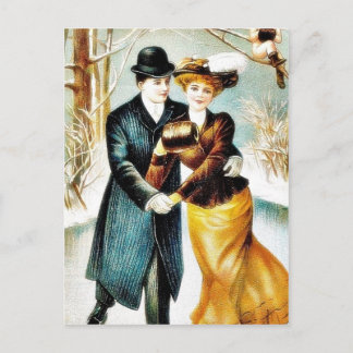 Two couples dancing and a young angel sitting on t holiday postcard