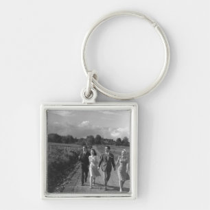 Two couples walking on country road B&W Keychain