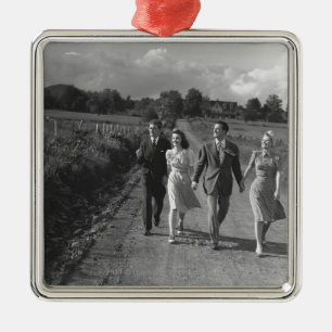 Two couples walking on country road B&W Metal Ornament