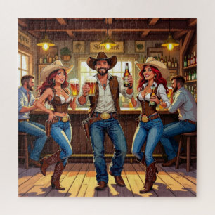 Two Cowgirls and a Cowboy Line Dancing at a Bar Jigsaw Puzzle