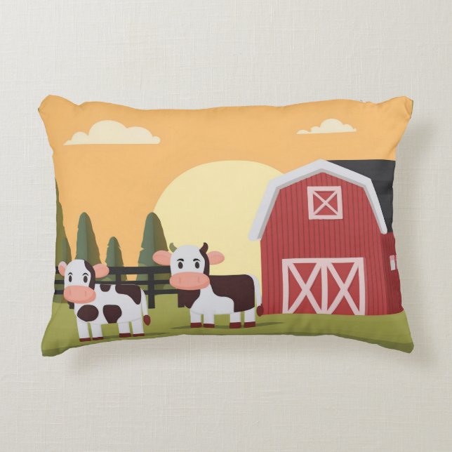 Two Cows and a Red Barn at Sunrise Accent Pillow (Front)