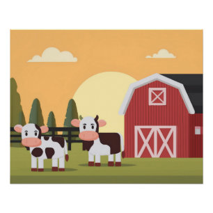 Two Cows and a Red Barn at Sunrise Poster