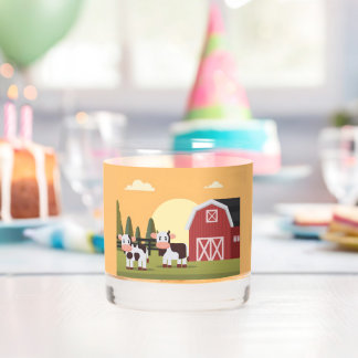 Two Cows and a Red Barn at Sunrise Whiskey Glass