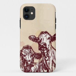 Two cows hand draw sketch & watercolor vintage iPhone 11 case