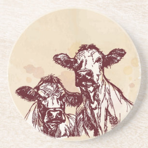 Two cows hand draw sketch & watercolor vintage coaster