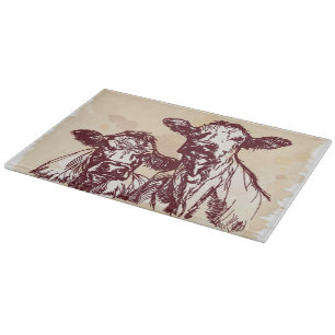 Two cows hand draw sketch & watercolor vintage cutting board