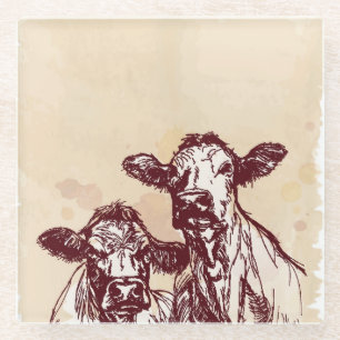 Two cows hand draw sketch & watercolor vintage glass coaster