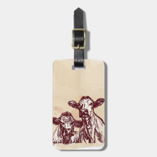 Two cows hand draw sketch & watercolor vintage luggage tag
